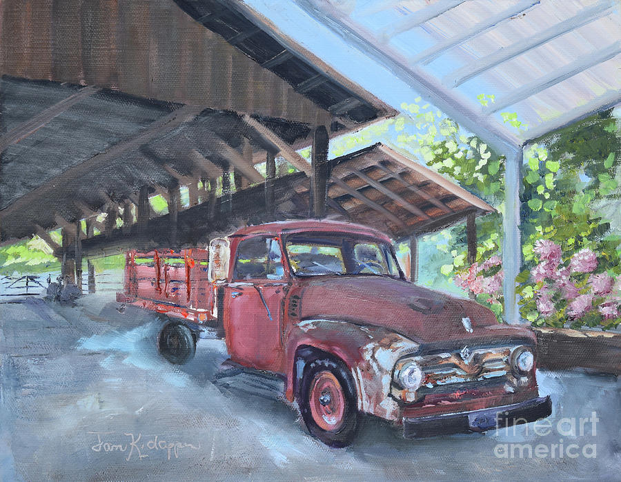 Red Ford and Pink Flowers Painting by Jan Dappen