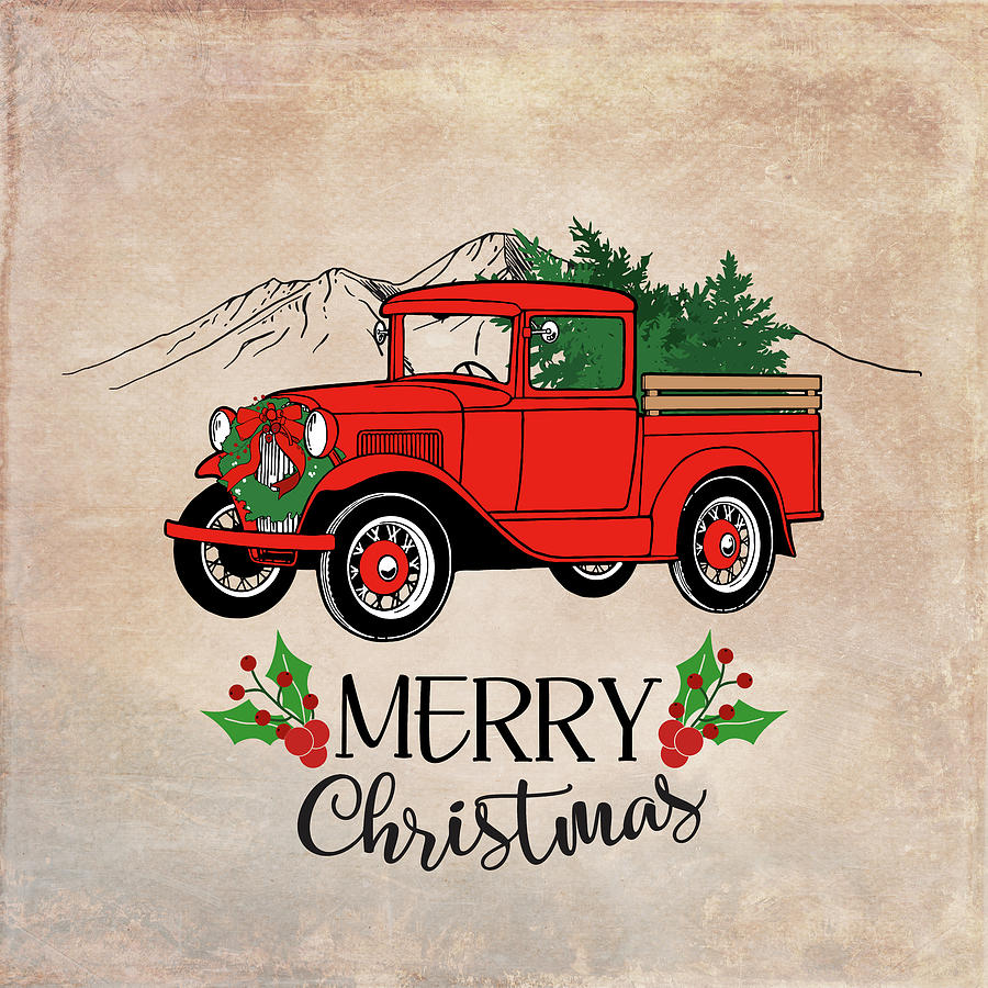 Mountain Digital Art - Red Ford Christmas Truck by Tina Lavoie