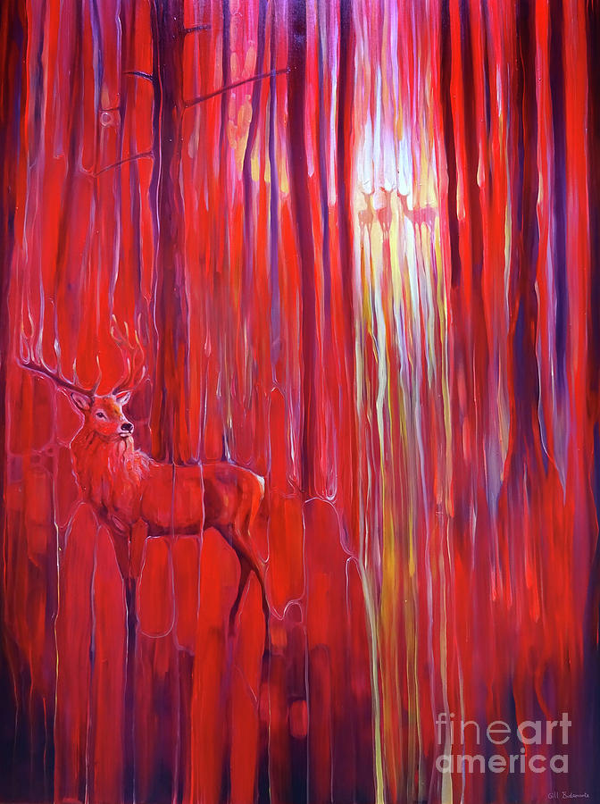 Red Forest Calls - original red oil painting with red deer in a red forest Painting by Gill Bustamante