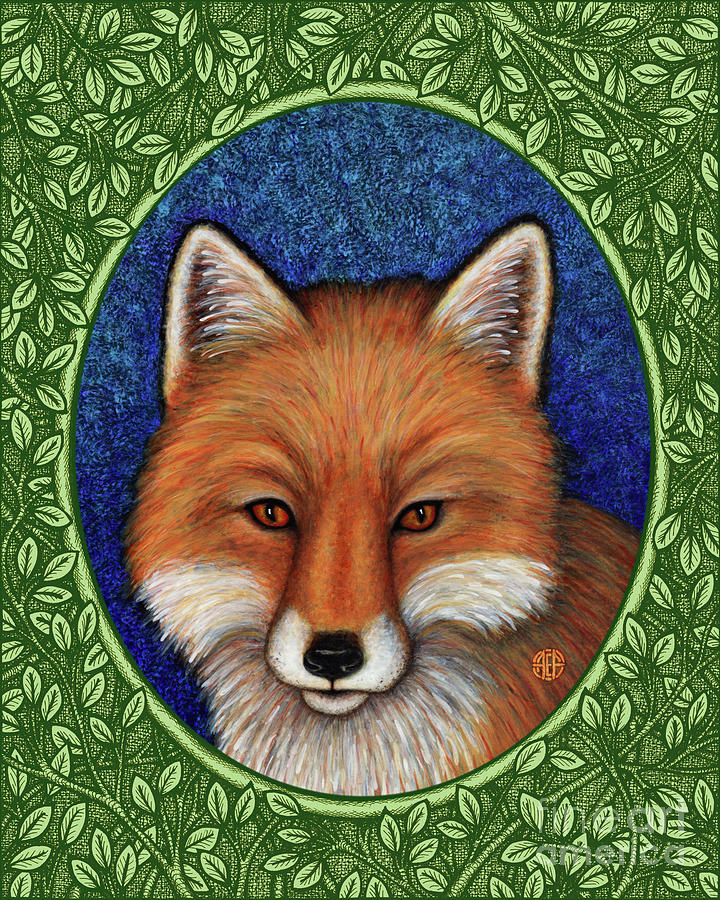 Red Fox Portrait - Green Border Painting by Amy E Fraser