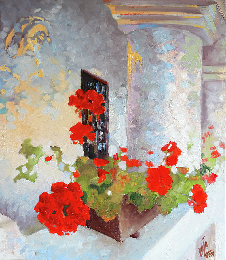 Red geraniums and columns at sunset Painting by Vali Irina Ciobanu