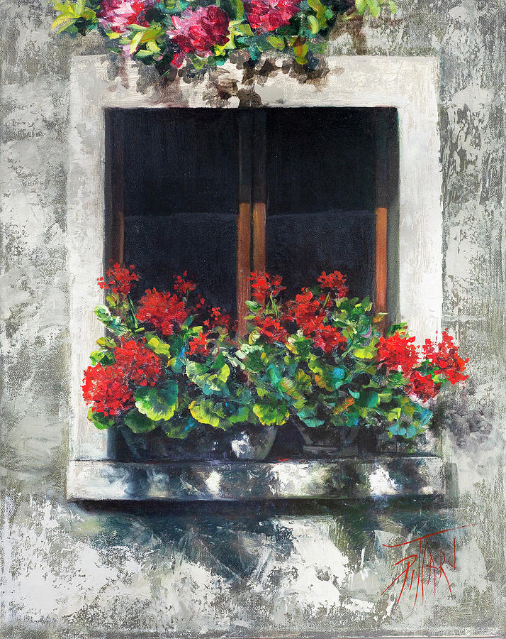 Red Geraniums Window  Painting by Lynne Pittard