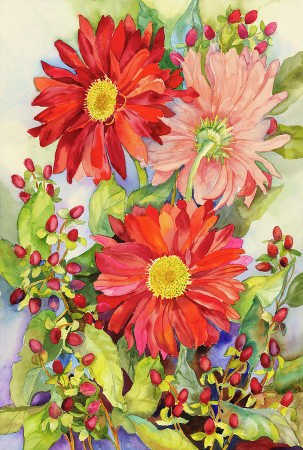 Flower Painting - Red Gerbera Daisies And Berries by Joanne Porter