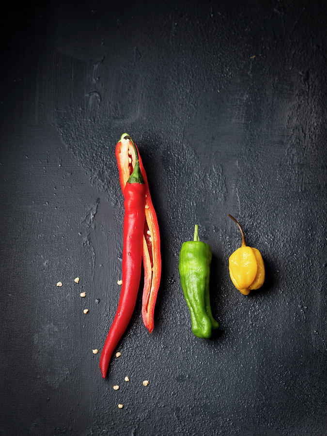 Red, Green And Yellow Chilli Peppers Photograph by Manuela Rther