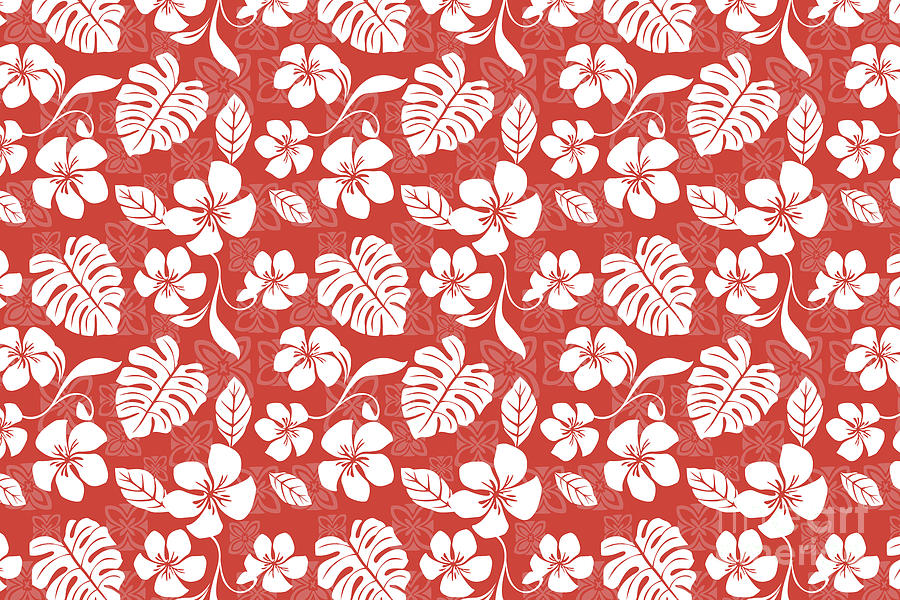 Red Hibiscus Hawaiian Flower Blooms and Tropical Leaves Pattern Digital Art by PIPA Fine Art - Simply Solid