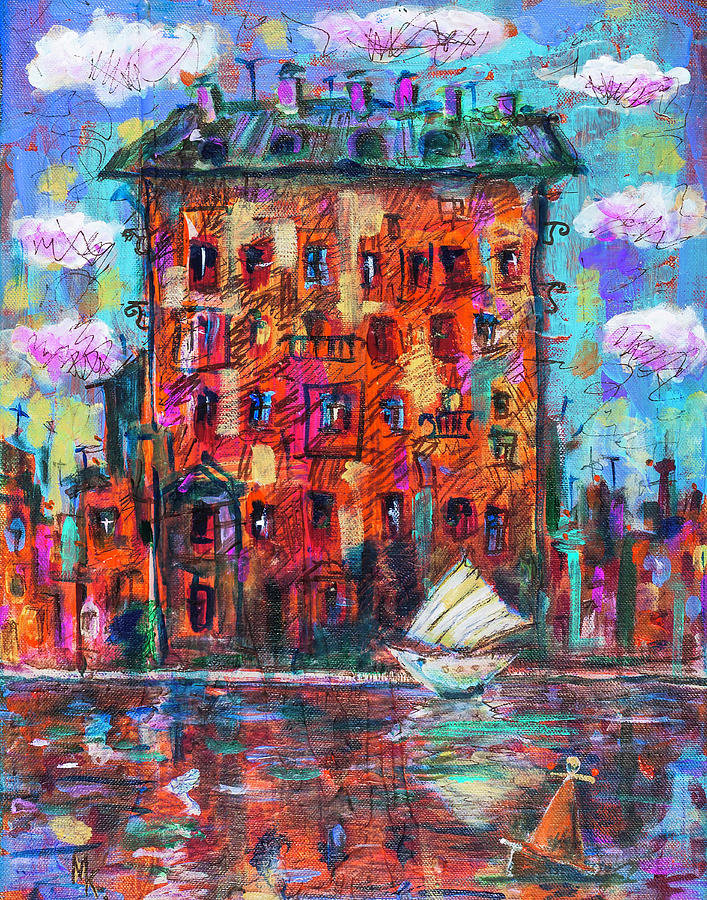 Red house and sailing boat2 Painting by Maxim Komissarchik
