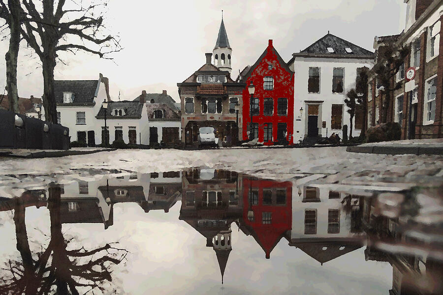 Red House with Reflection Mixed Media by Shelli Fitzpatrick