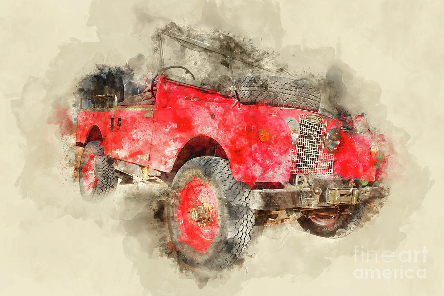 Red vintage Land Rover car watercolor Painting by Delphimages Photo Creations