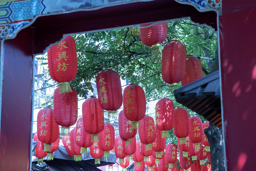 Red lanterns hanging above Yongxingfang Intangible Cultural Heri Photograph by Karen Foley