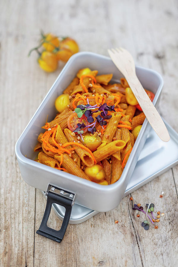 Red Lentil Pasta With Turmeric, Cherry Tomatoes, Carrots And Buckwheat low Carb Lunch Photograph by Jan Wischnewski