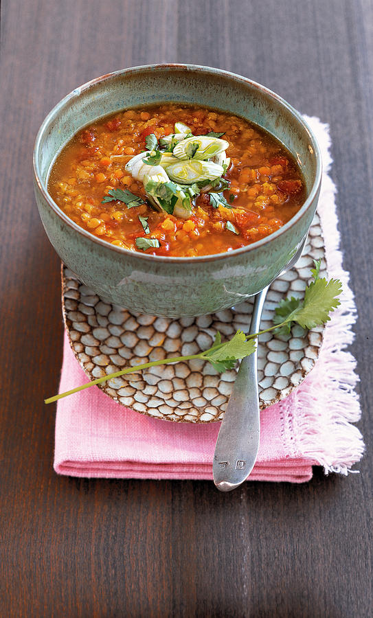 Still Life Photograph - Red Lentil Soup Spiced With Indian Chilli, Garam Masala And Turmeric In Bowl by Jalag / Julia Hoersch