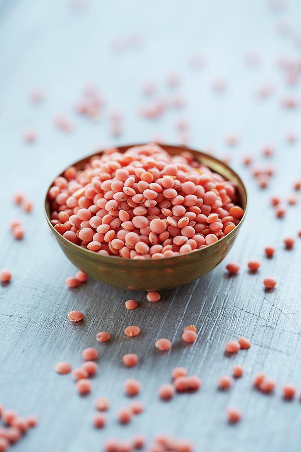 Red Lentils In A Metal Bowl Photograph by Rafael Pranschke