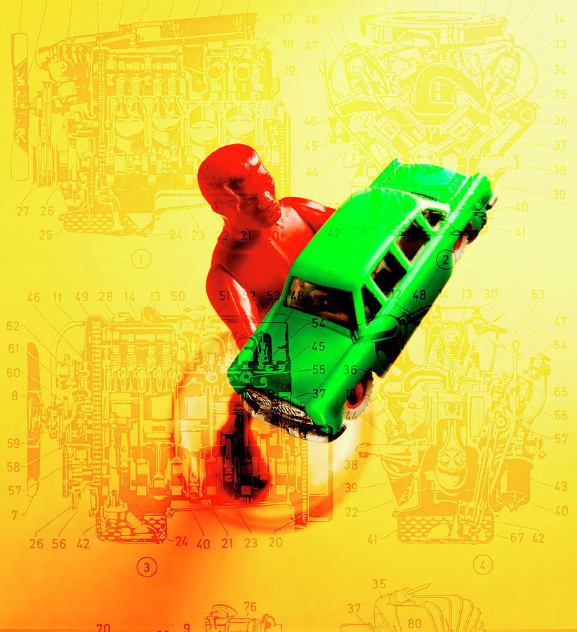 Transportation Drawing - Red Man Holding Green Car by CSA Images