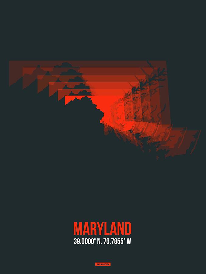 Baltimore Digital Art - Red Map of Maryland by Naxart Studio