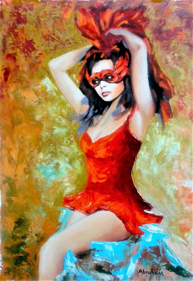 Women Painting - Red Mask Lady by Jose Manuel Abraham