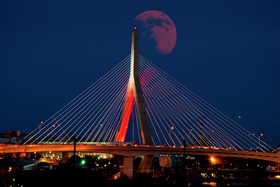 Red Moon Over the Zakim Bridge - Boston Photograph by Joann Vitali