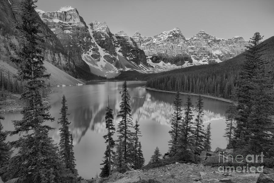 Red Morning Peaks At Moraine Lake Black And White Photograph by Adam Jewell