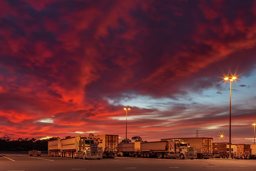 Red Morning, Truckers Warning Photograph by Robert Caddy