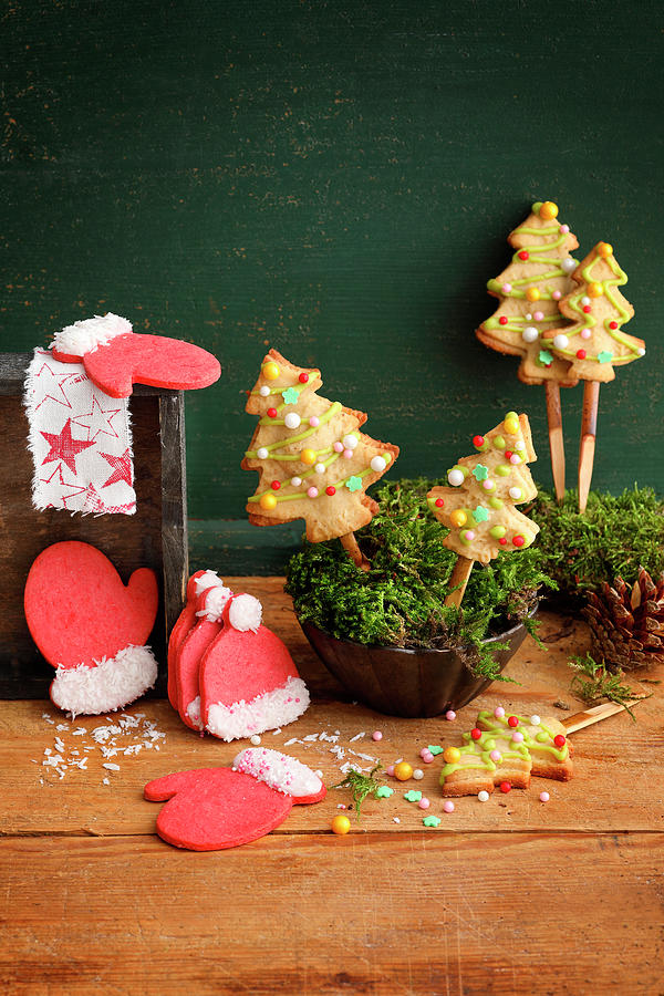 Red Motif Biscuits glove, Cap And Fir Trees On A Stick Photograph by Mathias Stockfood Studios / Neubauer