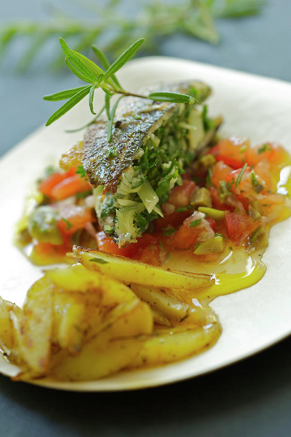 Red Mullet And Herb Sandwich, Tomato Salad With Olives, Potatoes Saut Photograph by Pradels