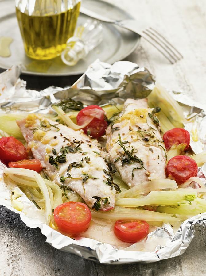 Red Mullet With Fennel And Tomatoes In Aluminium Foil Photograph by Lingwood, William