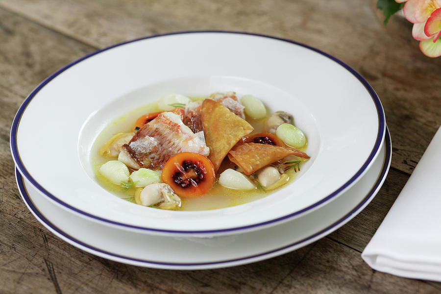 Red Mullet With Mussel Nage And Kohlrabi On Dish Photograph by Jalag / Thomas Bernhardt