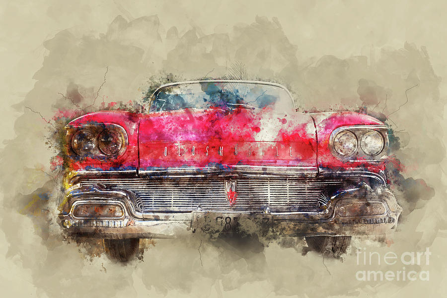 Red Oldsmobile watercolor Painting by Delphimages Photo Creations