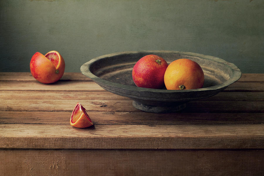 Fruit Photograph - Red Oranges On Vintage Plate by Copyright Anna Nemoy(xaomena)