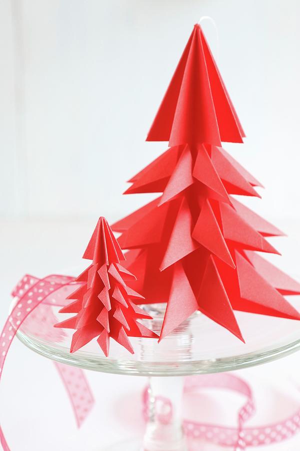 Red Origami Christmas Trees On Glass Cake Stand Photograph by Regina Hippel