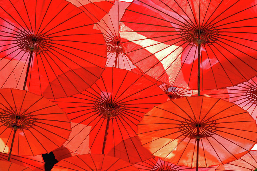 Red Parasols As Decoration And Play Of Light, Gardens By The Bay, Singapore Photograph by Torsten Rathjen