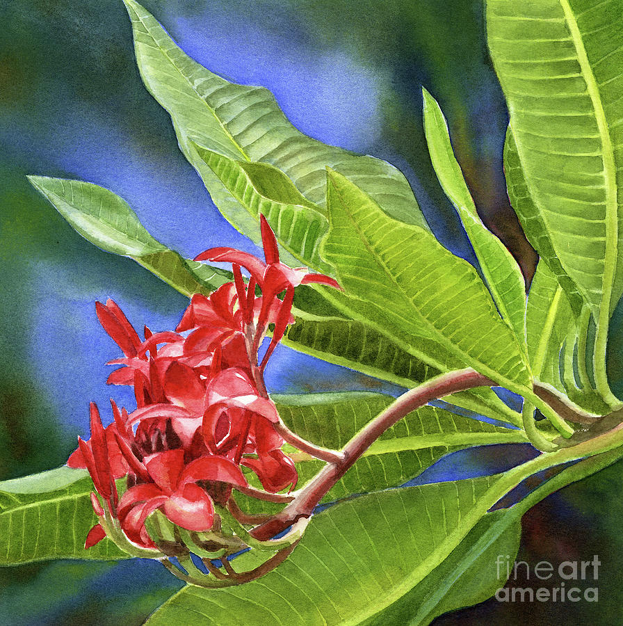 Tree Painting - Red Plumeria Blossoms with Colorful Background by Sharon Freeman