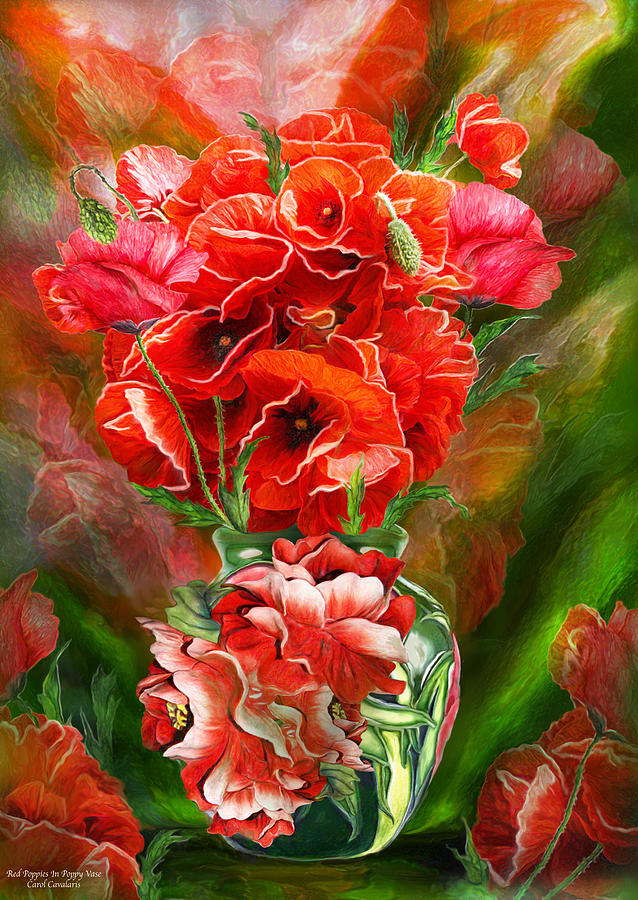 Red Poppies In Poppy Vase Mixed Media by Carol Cavalaris