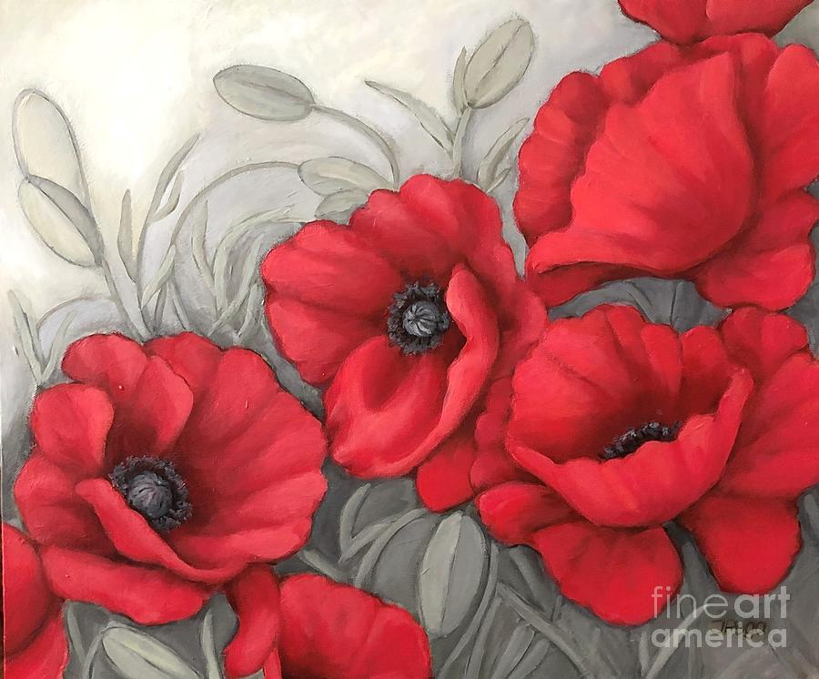 Red poppies on grey Painting by Inese Poga