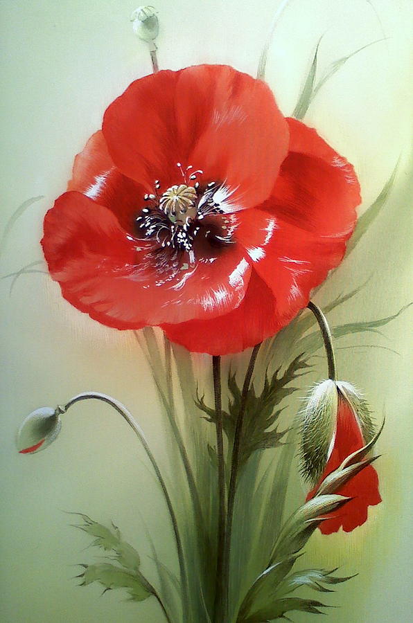 Red Poppy Flower with Bud Painting by Alina Oseeva