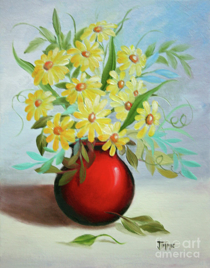 Red Pot of Daisies Painting by Jimmie Bartlett