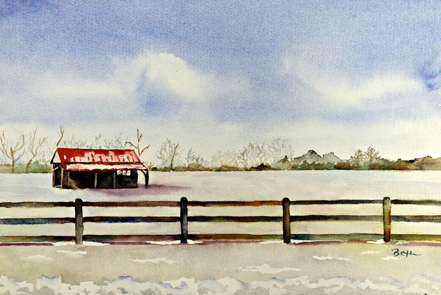 Red-roofed Barn on a Snowy Day Painting by Beth Fontenot