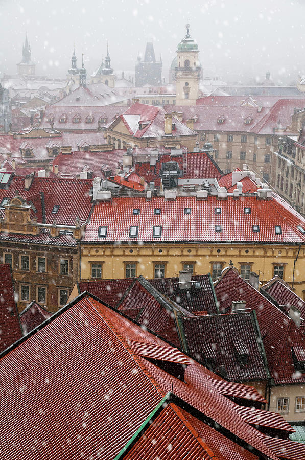 Red Roofs of Snowy Prague  Photograph by Jenny Rainbow