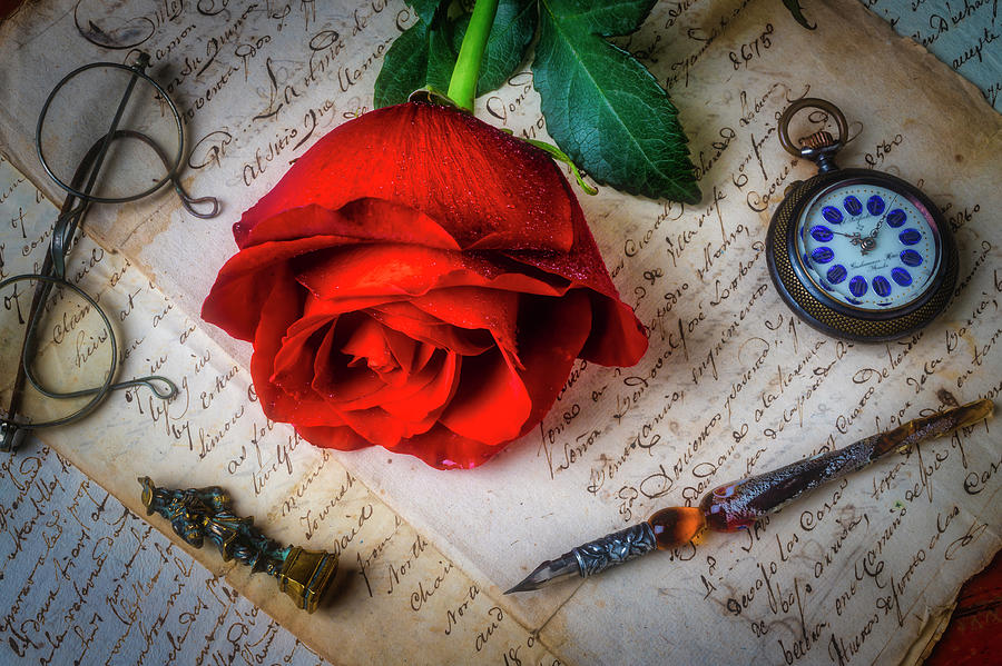 Rose Photograph - Red Rose And Old Letters by Garry Gay