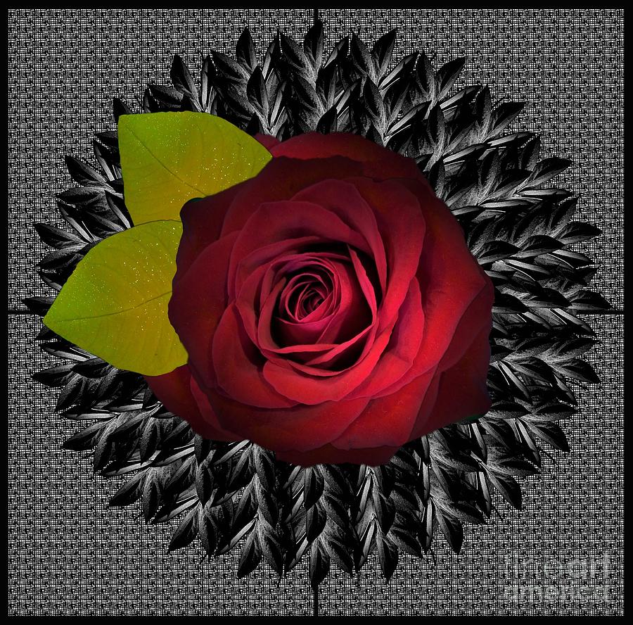 Red Rose on a Beds of Leaves with Grey Textured Motif Digital Art by Delynn Addams