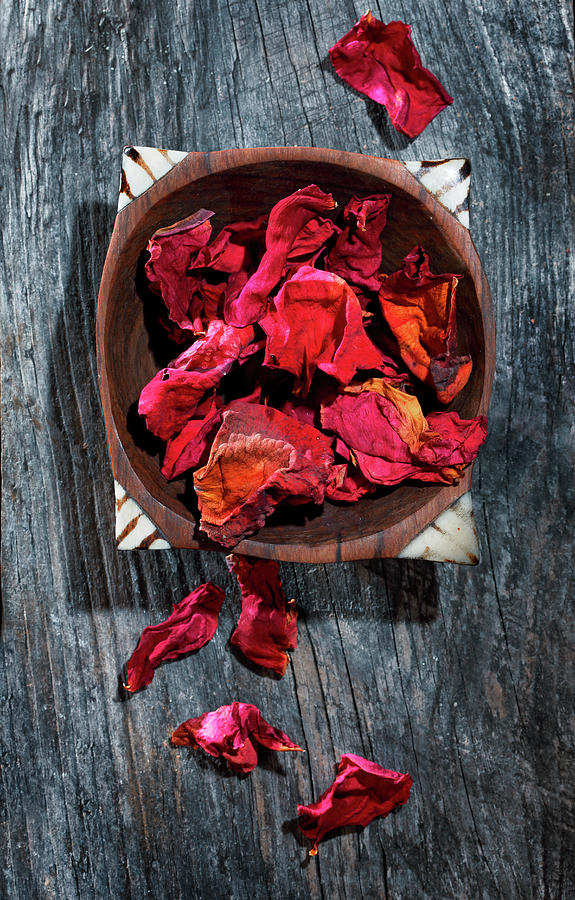Red Rose Petals In A Wooden Bowl Photograph by Petr Gross