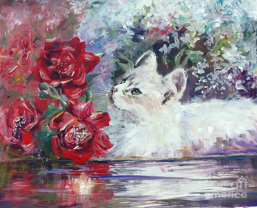 Red roses and white cat Painting by Ryn Shell