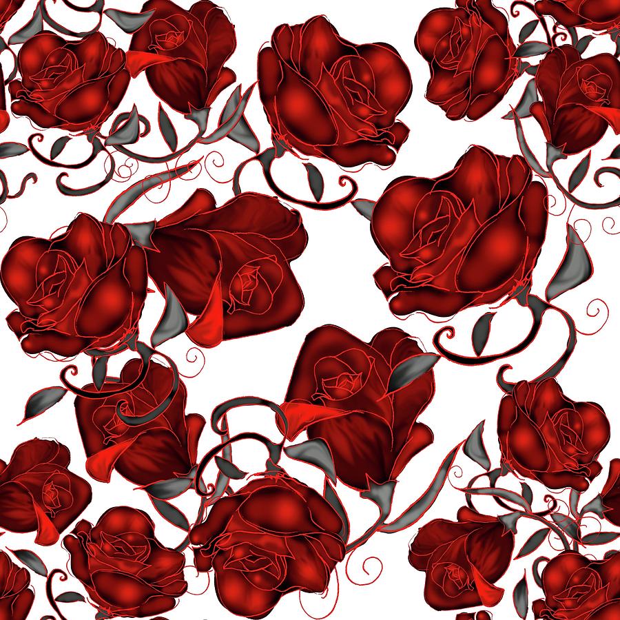 Rose Drawing - Red Roses on White by Cindy Boyd