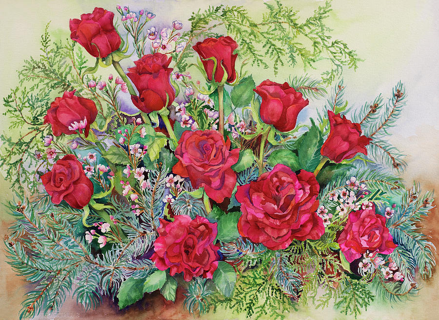 Red Roses With Evergreens Painting by Joanne Porter