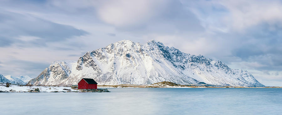 Mountain Photograph - Red Shack On Fjord - Panorama by Michael Blanchette Photography