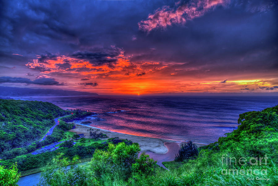 Red Sky Reflections 2 Waimea Bay Sunset North Shore Oahu Hawaii Art Photograph by Reid Callaway