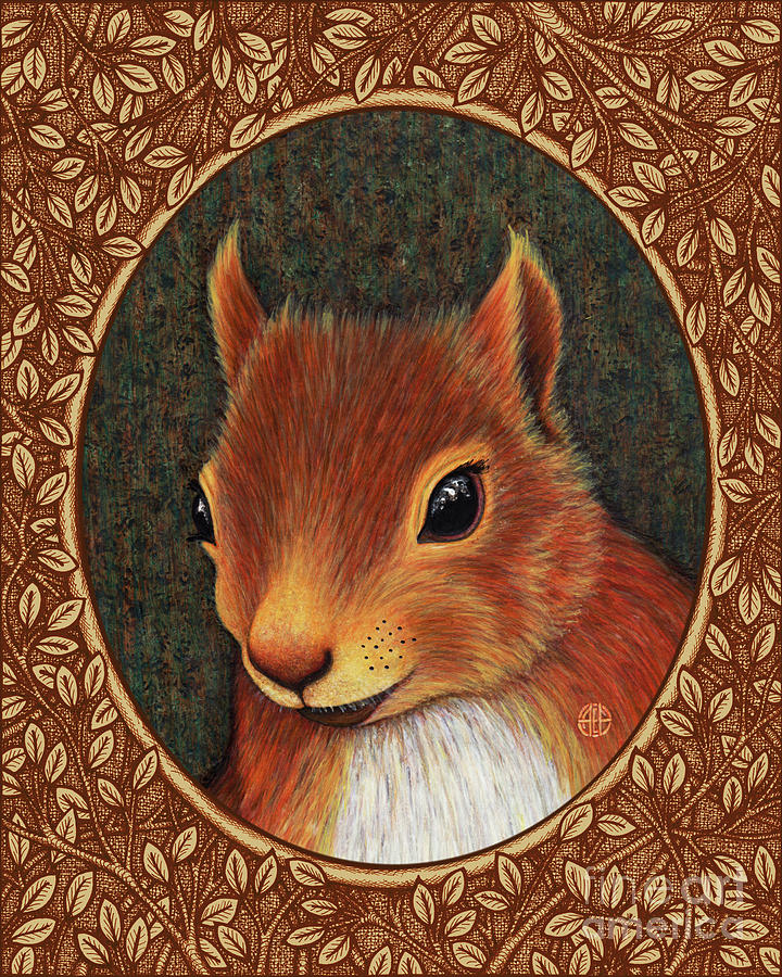 Red Squirrel Portrait - Brown Border Painting by Amy E Fraser
