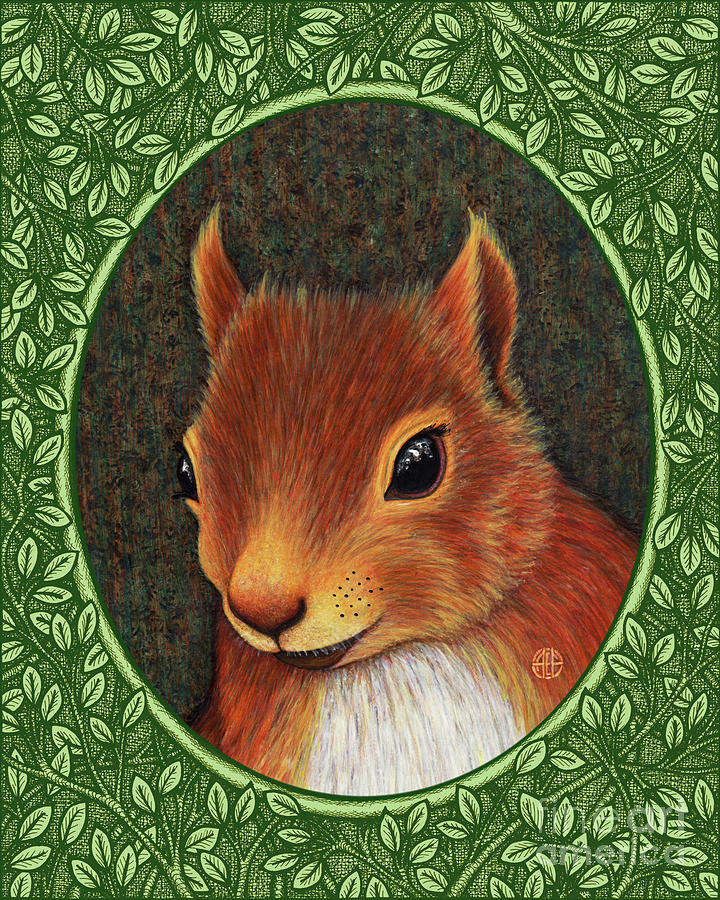 Red Squirrel Portrait - Green Border Painting by Amy E Fraser
