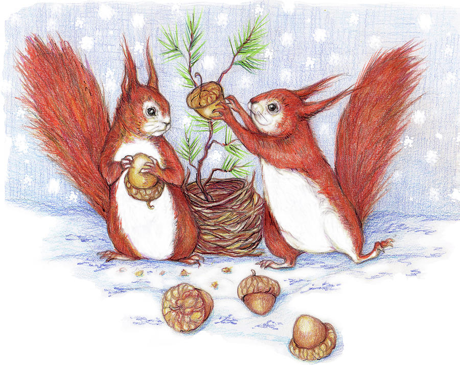 Red Squirrels Christimas  Mixed Media by Peggy Wilson