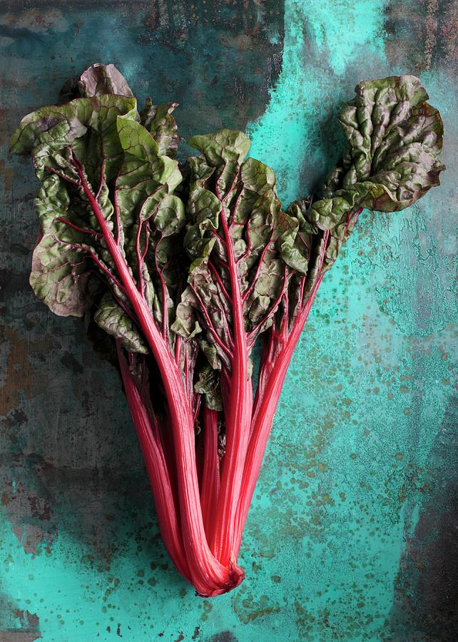 Red-stemmed Chard On A Coloured Surface Photograph by Peter Garten