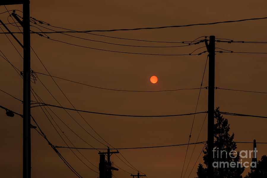Red Sun Through Telephone Wires Photograph by Jim Corwin
